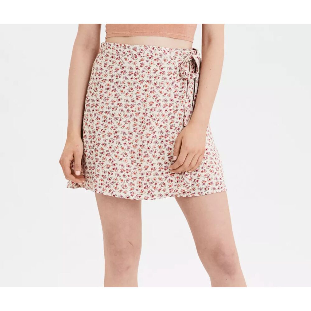 American Eagle Women Floral High-Waisted Tie Wrap Mini Skirt Lined Large